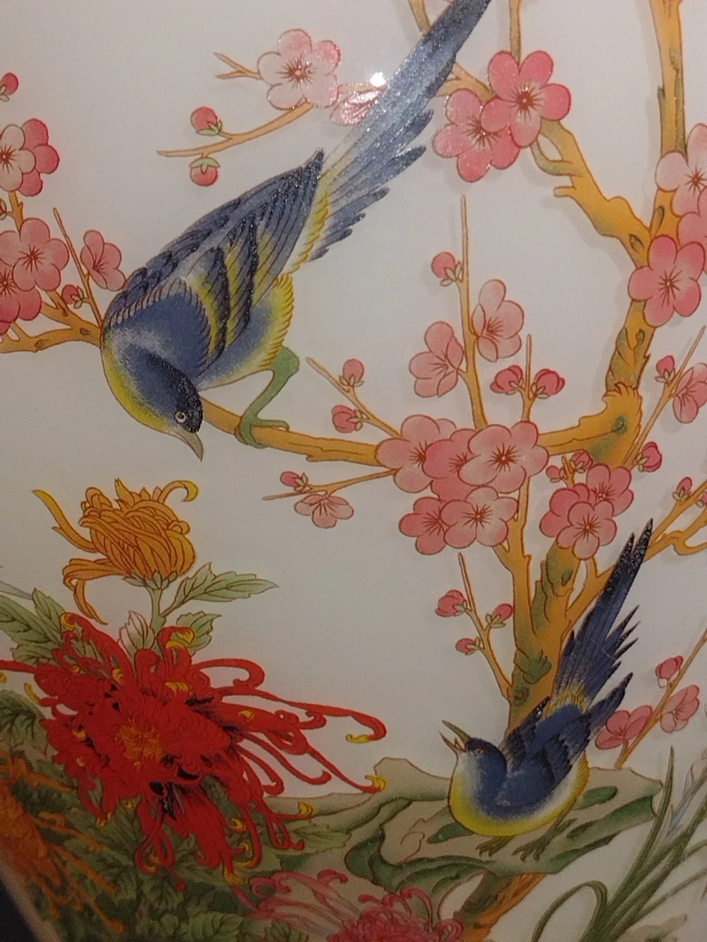 Anchor Hocking Cream Vase with Blue Birds and Pink Blossoms